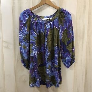 Isaac Mizrahi Live Blue Green Floral Boho Blouse S